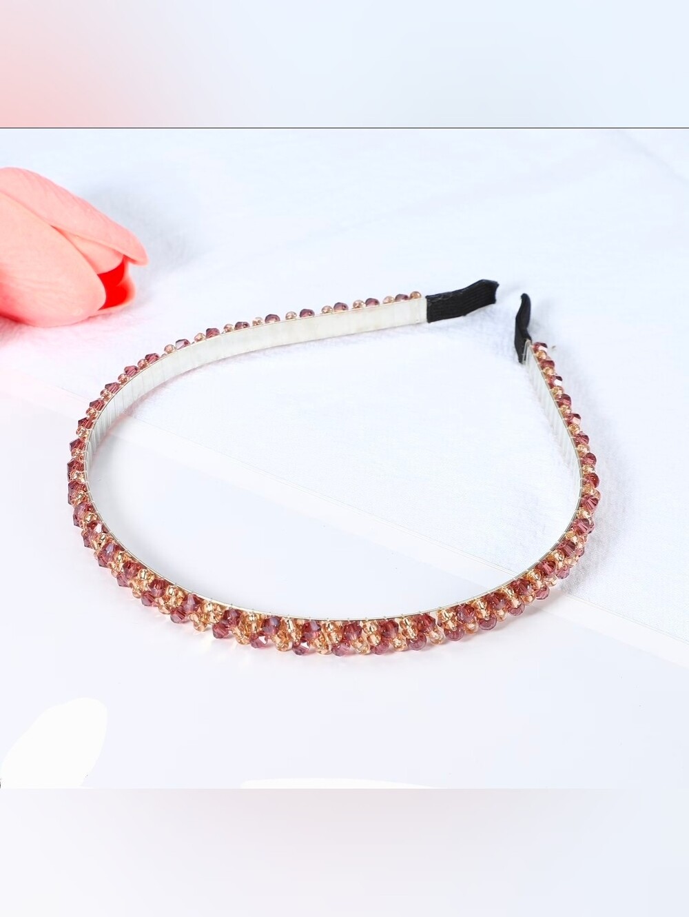 Rose Gold-toned Double-Row Crystal Rhinestone Headband W/ Pink & Purple Crystals